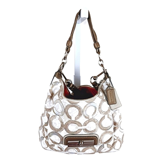 NWOT Coach Kristin Sequin Op Art Hobo Bag Tan Pink Logo L1082-16791 Shoulder - Picture 1 of 16